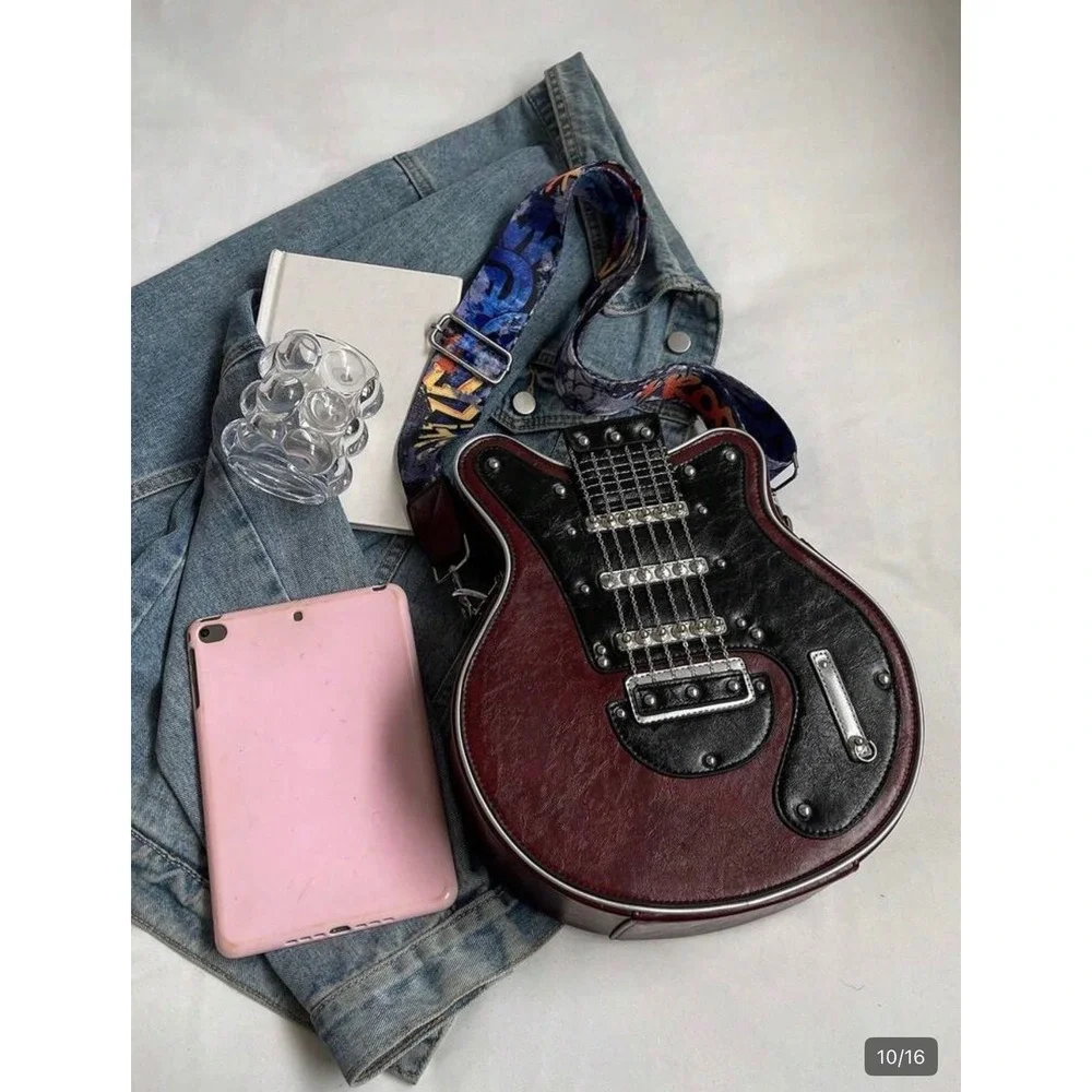 Novelty Guitar Shaped Crossbody Bag Burgundy Black Rocker Music‎ Festival Purse